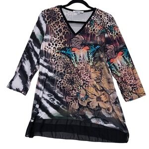 Bellissima Y2K Whimsigoth‎ Butterfly Animal Print V Neck Fairy Tunic Top Size M